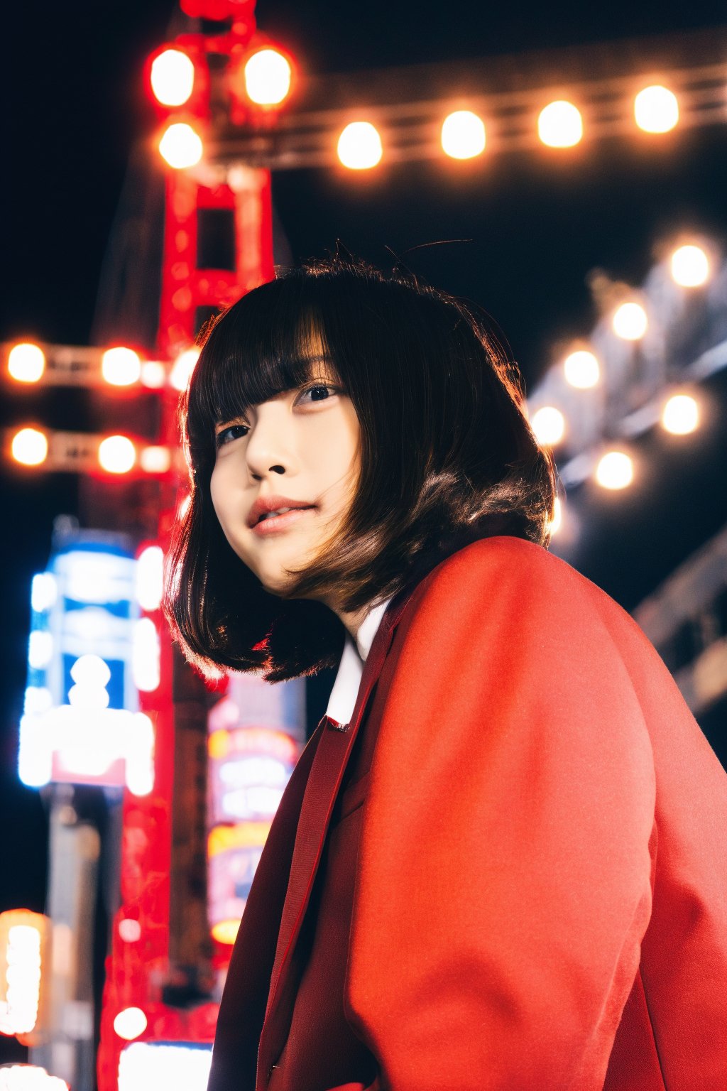 A young Asian woman, short hair, wearing a red jacket and a white t-shirt with Japanese text, necklace, standing on a Tokyo street at night, with Tokyo Tower in the background, illuminated city lights, red lanterns, urban style, night photography, candid pose, low angle shot, with a hint of film grain.

,fujifilm