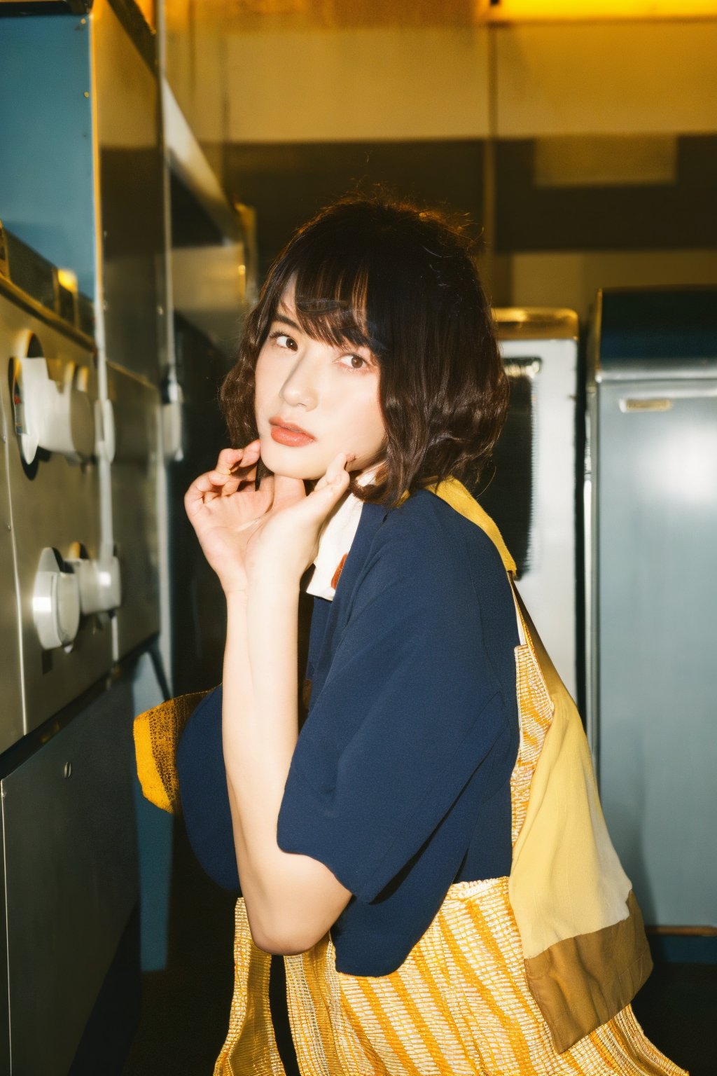 A young Asian woman with short hair, wearing a stylish outfit, squatting in front of a camera in a vintage Japanese laundromat. She is striking a cool pose with a confident look in her eyes, gazing directly at the camera. The scene has a warm yellow tone, evoking a retro atmosphere.