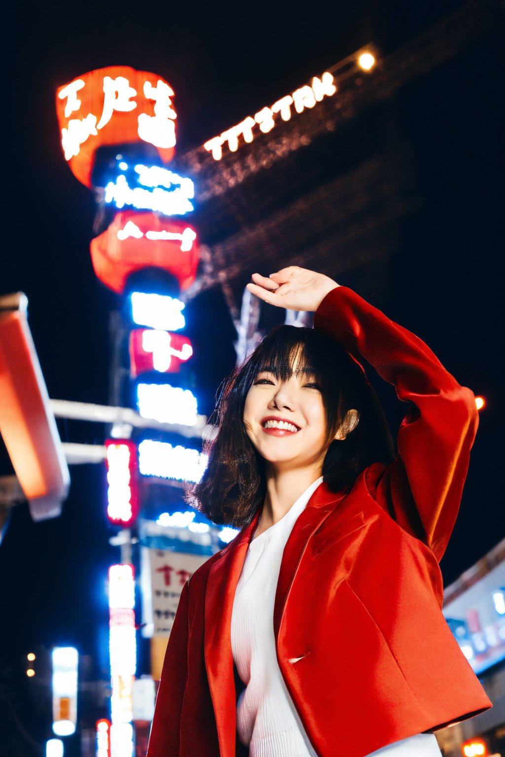 A young Asian woman, short hair, wearing a red jacket and a white t-shirt with Japanese text, necklace, standing on a Tokyo street at night, with Tokyo Tower in the background, illuminated city lights, red lanterns, urban style, night photography, candid pose, low angle shot, with a hint of film grain.

,fujifilm