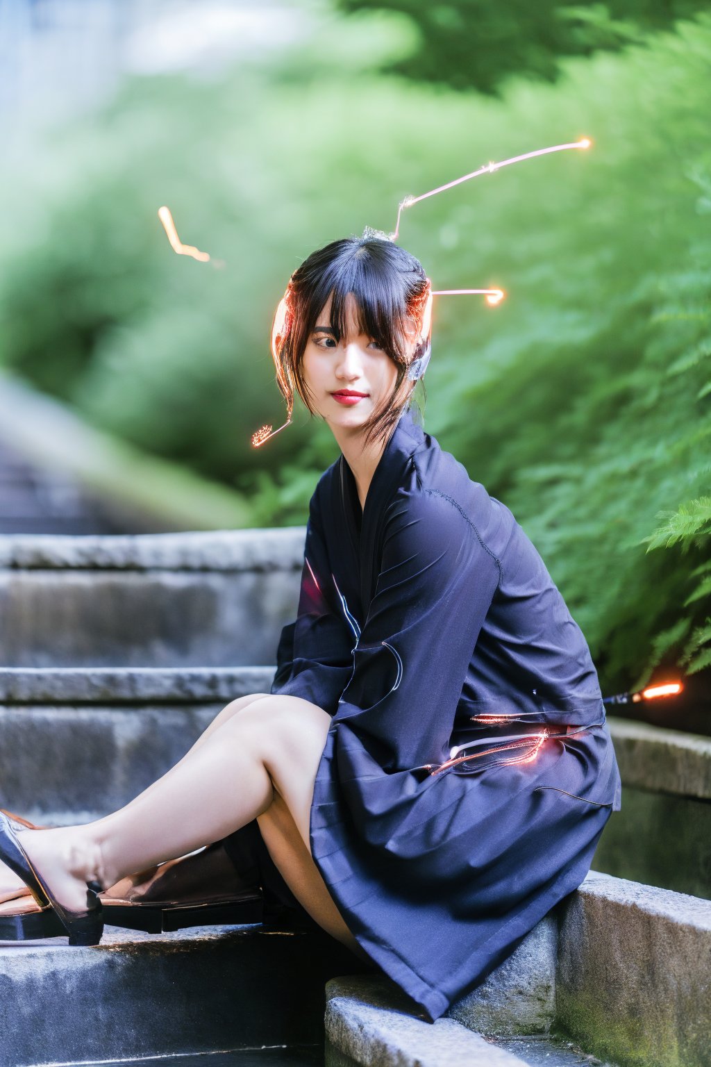 "A young Asian woman with short hair, wearing a stylish outfit, sitting on stone steps in an ancient Japanese shrine. The shrine has a futuristic touch with glowing wires floating in mid-air around her. The scene combines traditional elements with advanced technology, creating a unique blend of past and future. The woman's expression is confident and she looks directly at the camera."