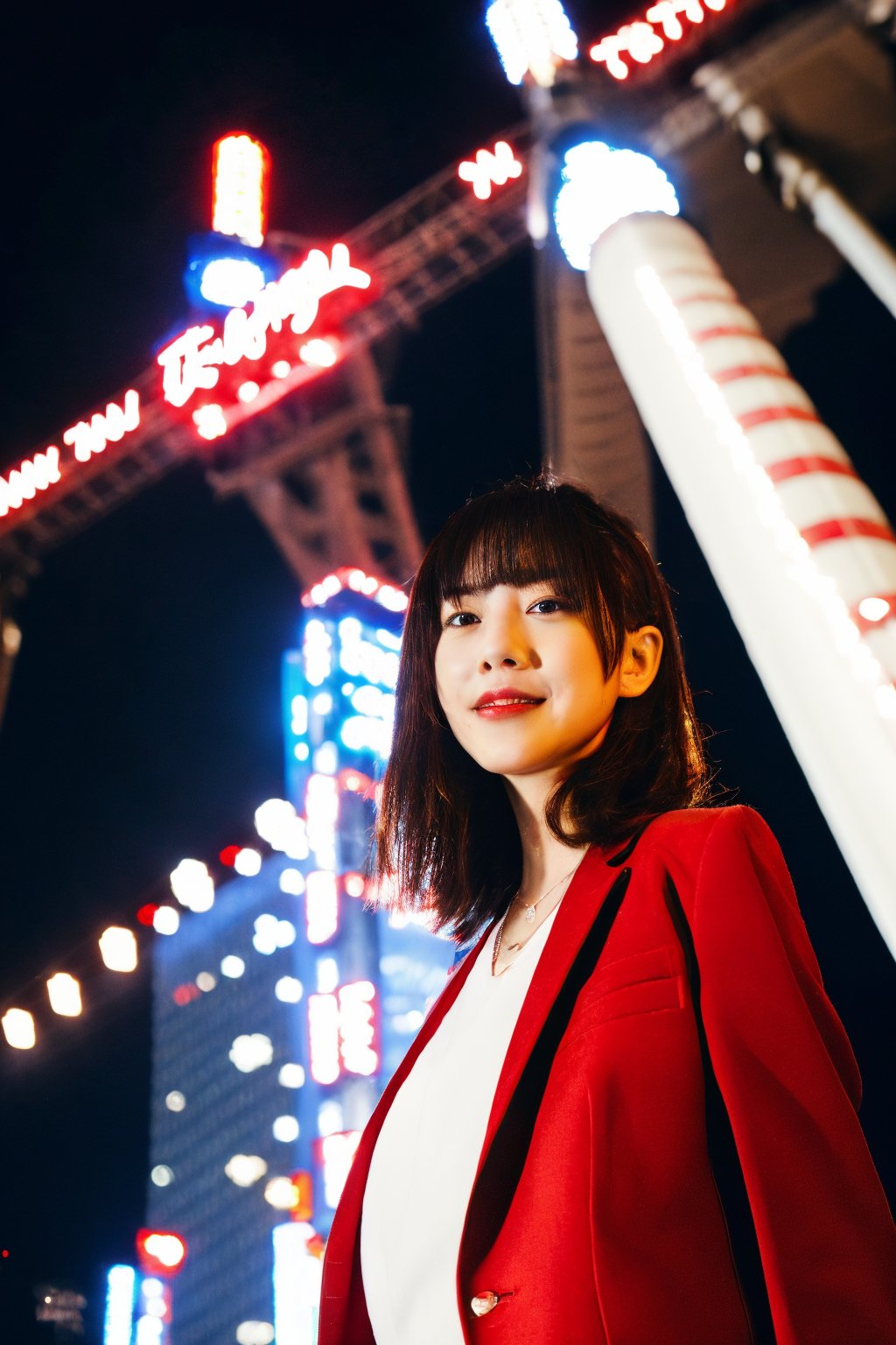 A young Asian woman, short hair, wearing a red jacket and a white t-shirt with Japanese text, necklace, standing on a Tokyo street at night, with Tokyo Tower in the background, illuminated city lights, red lanterns, urban style, night photography, candid pose, low angle shot, with a hint of film grain.

,fujifilm