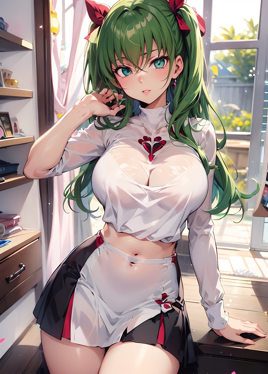 god body, c.c\(code Geass), a girl ,
masterpiece, perfectly detailed, detailed face, detailed eyes, beautiful eyes, looking at viewer, Green hair, 