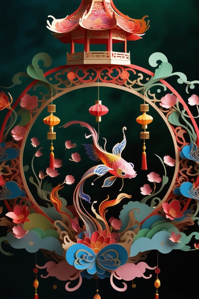 3D-big-circle-lantern on fire lighting , , formed by complex details paper art  , in the pattern of  betterfly in center and surrounding by long-tails-goldfish,  red, blue, pink ,gold , green , orange, rainbow colour  chinese style , shining and monogram,  full of patterns covered , art , masterpiece
dark background filled with blurred lanterns ,
,glitter,kirigami,more detail XL