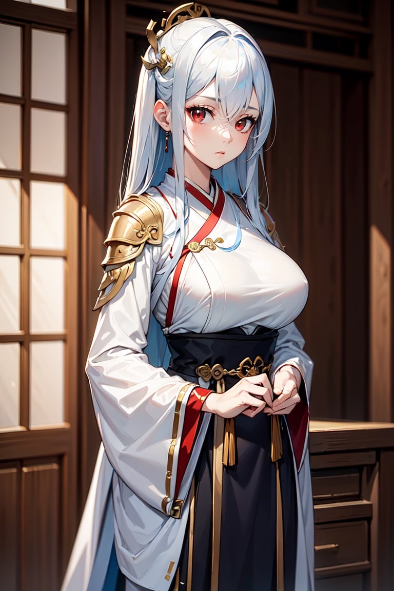 masterpiece, best quality, absurd, 1 girl, white hair, long hair, bangs, red eyes, big breasts, hanfu, blue hair,JingliuHSR,Cold look,Chinese general