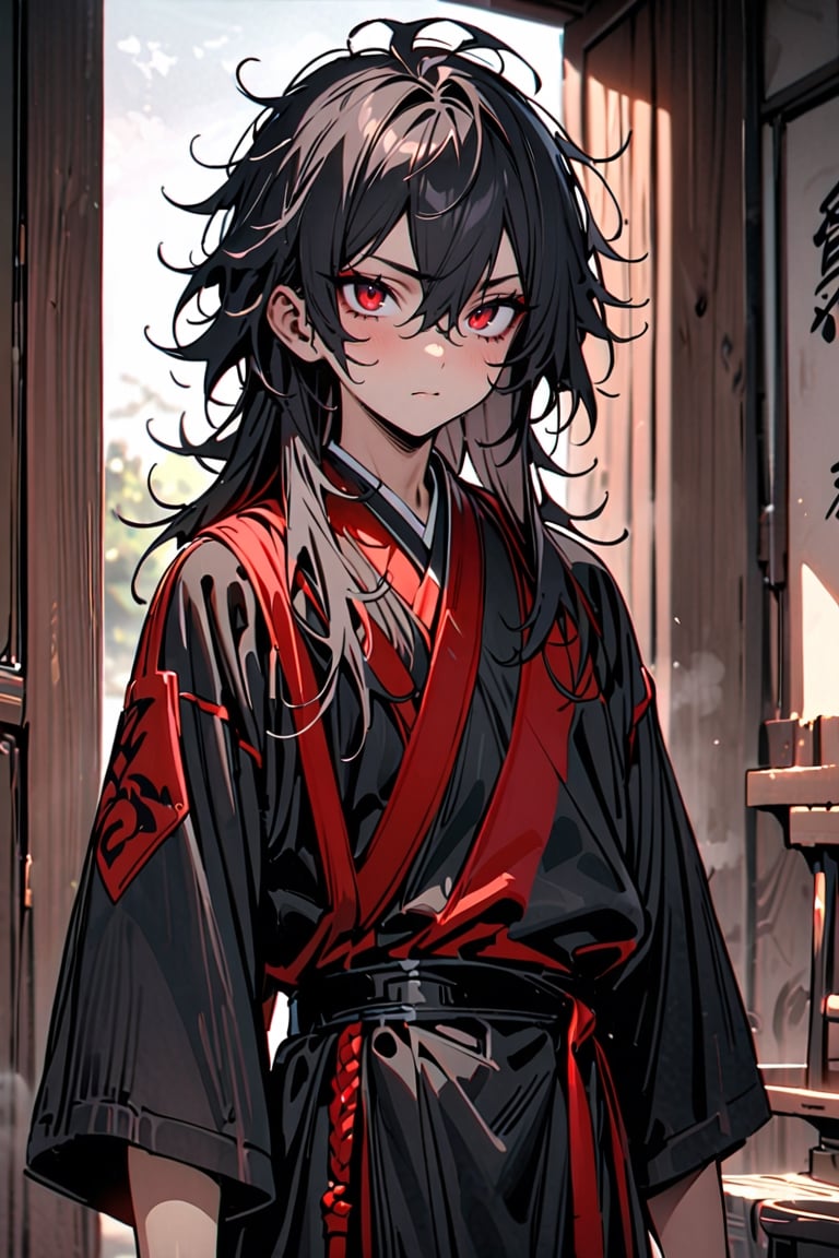 masterpiece, best quality, absurd, young man, shoulder length hair, black hair, messy hair, red eyes, short stature, martial clothing