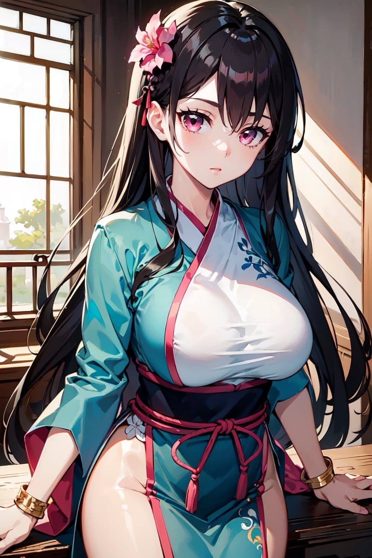 masterpiece, best quality, absurd, 1 girl, alone, black hair, long hair, bangs, pink eyes, big breasts, hanfu, bracelet, hair ornament,yaoyao,Read Desc