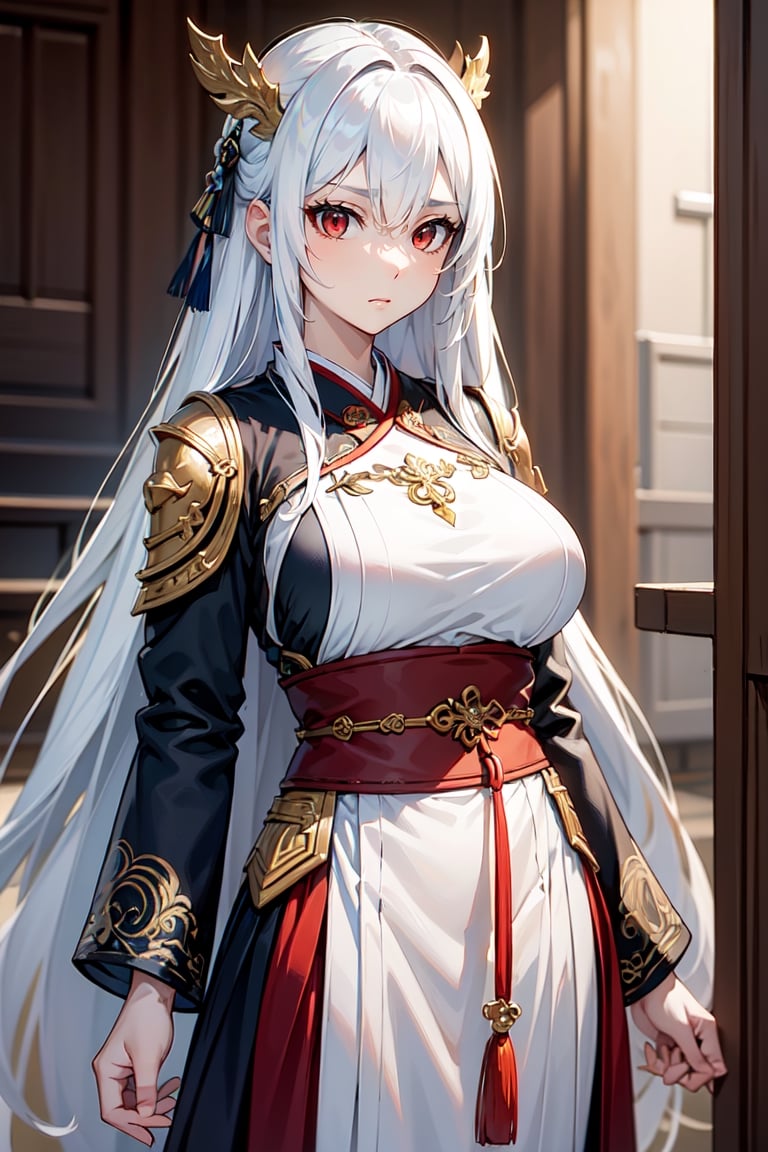 masterpiece, best quality, absurd, 1 girl, white hair, long hair, bangs, red eyes, big breasts, hanfu, blue hair,JingliuHSR,Cold look,Chinese general