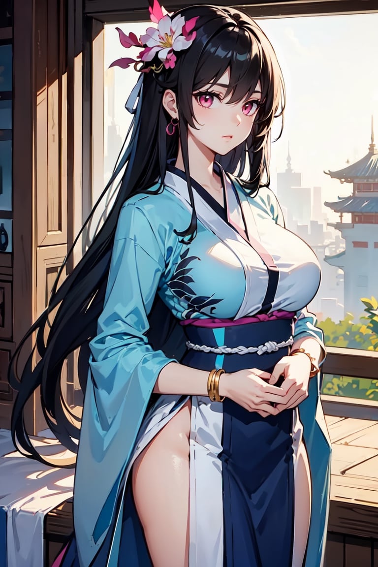 masterpiece, best quality, absurd, 1 girl, alone, black hair, long hair, bangs, pink eyes, big breasts, hanfu, bracelet, hair ornament,yaoyao,Read Desc