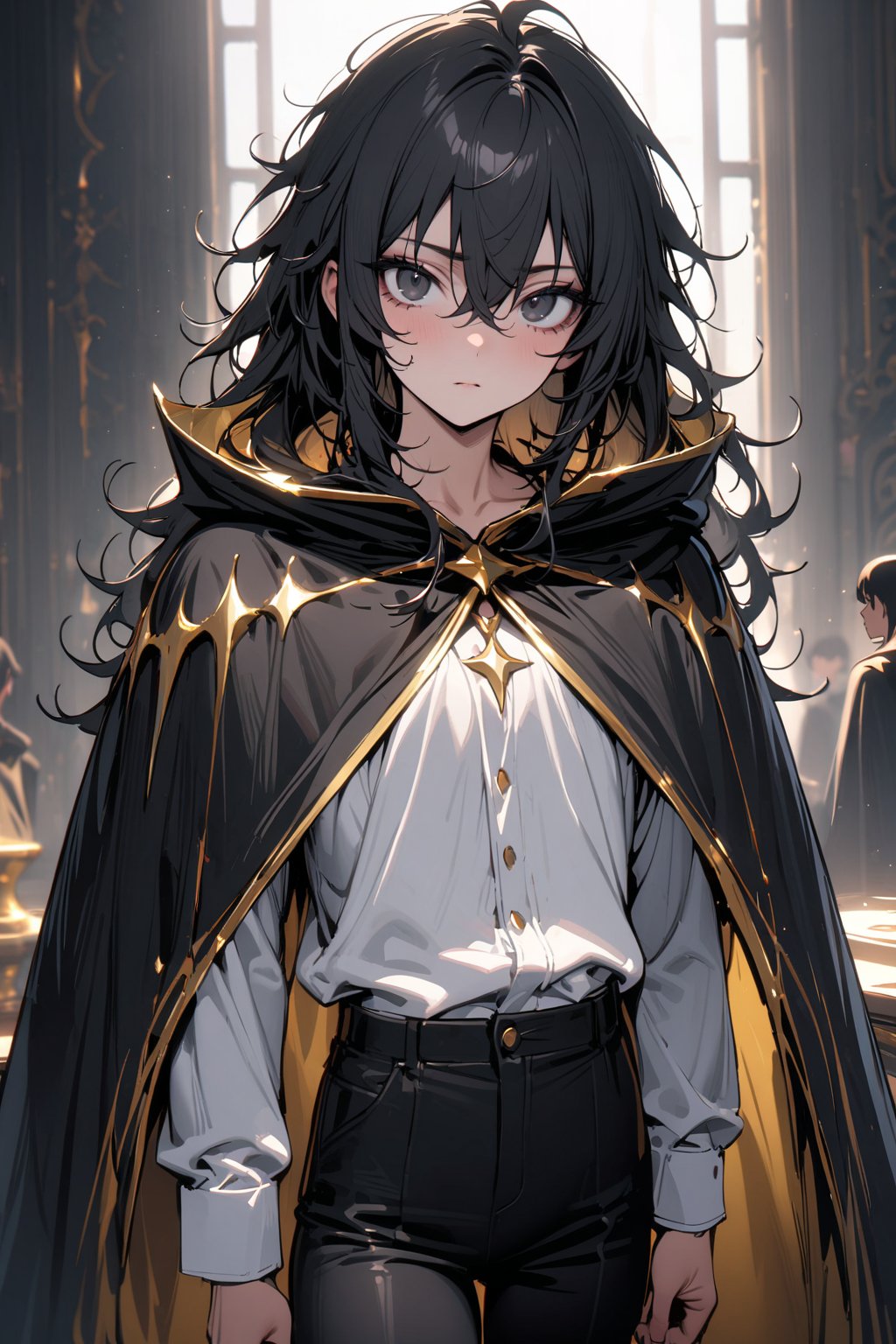 masterpiece, best quality, absurd, young man, shoulder length hair, black hair, messy hair, black eyes, short stature, white shirt, black pants, black cape, gold-edged cape, looking at viewer