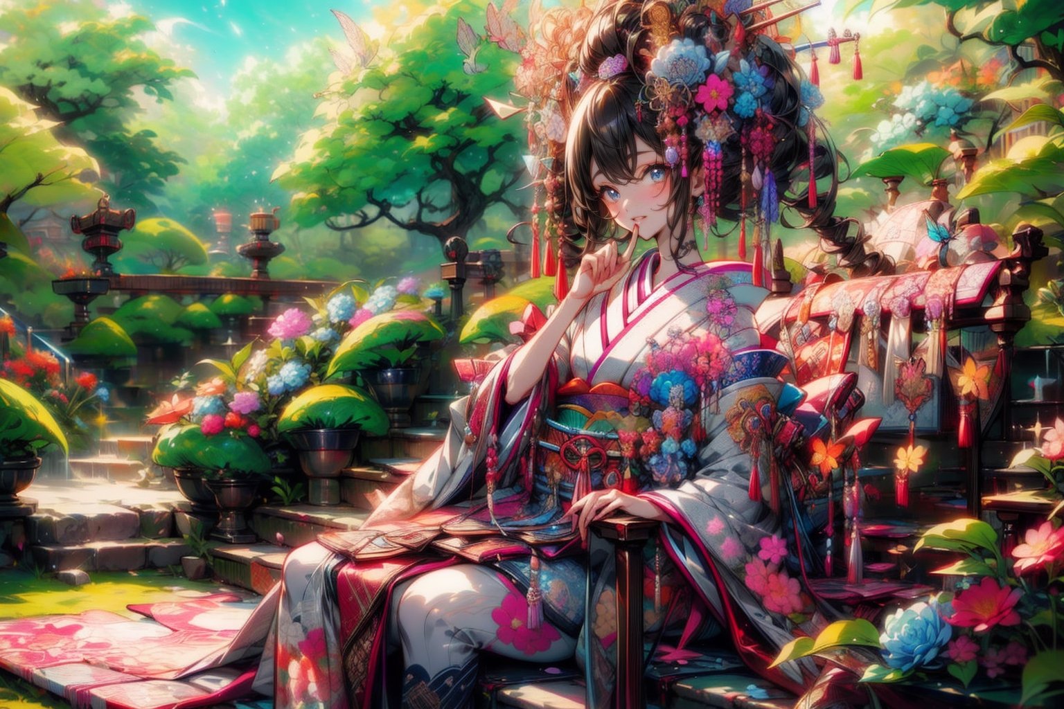 japanese girl in traditional dress, sitting in a garden,Masterpiece