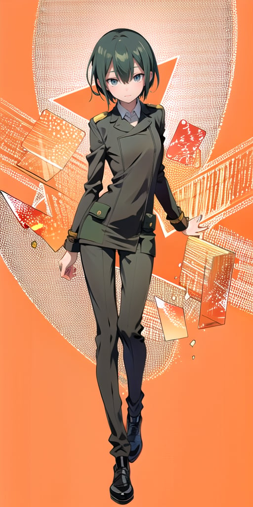 (solo, full body), kino (kino no tabi), slim body, standing, closed mouth, poker face, orange background, simple background,