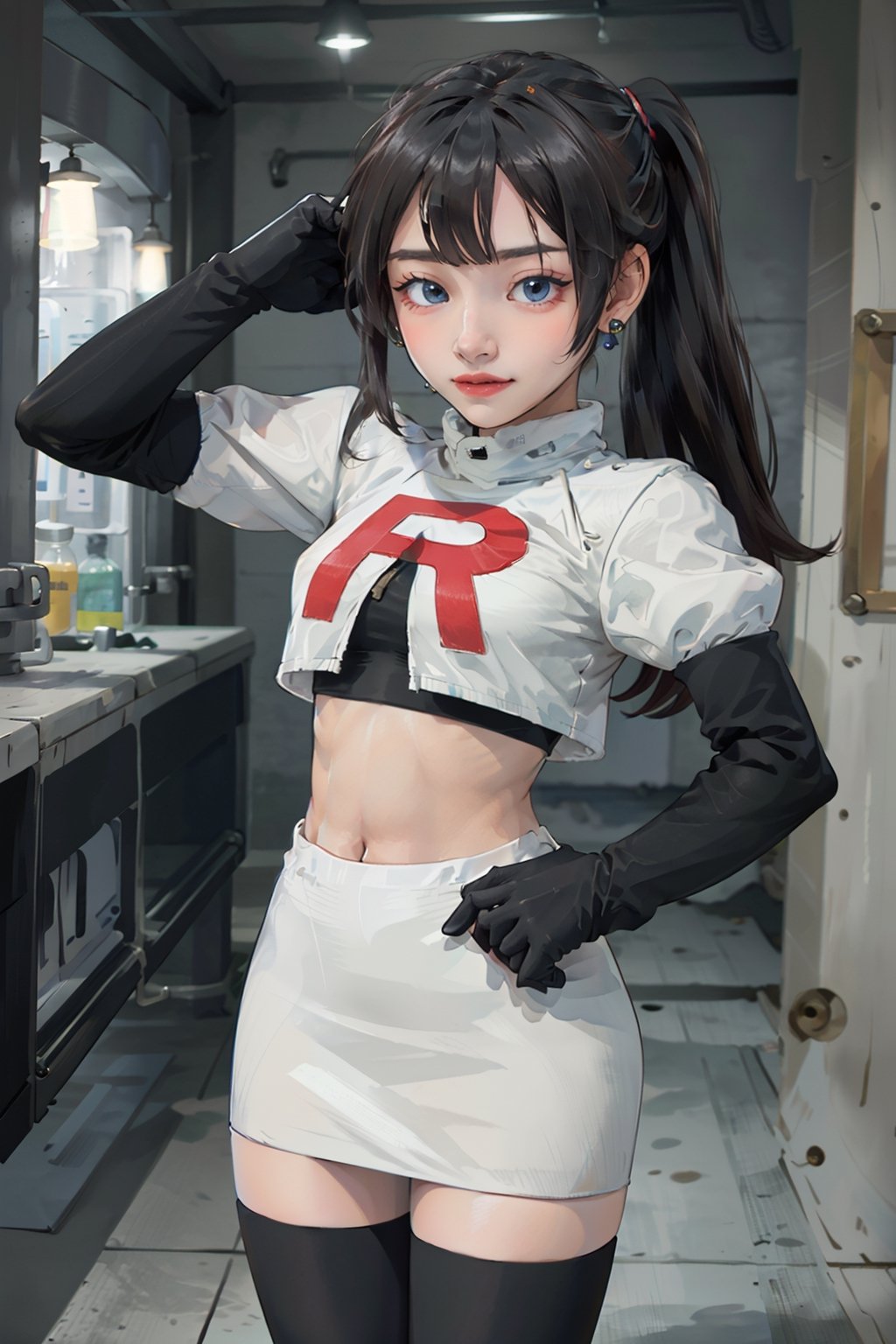 (masterpiece, cowboy shot), 1girl, long hair, single ponytail, looking at the viewer, (saluting), evil smiling, standing, earrings, (((Cosplay_TeamRocket, white jacket, cropped jacket, white skirt, elbow gloves, black thigh-highs, zettai ryouiki))), indoors, (underground, laboratory), ((blurry background))