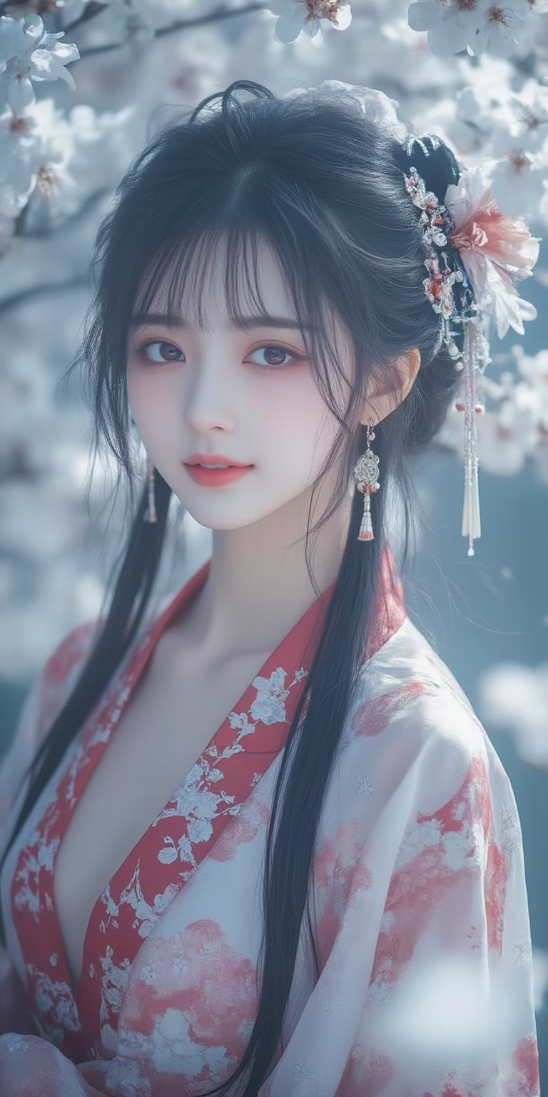 A serene Japanese maiden stands alone against a blurry backdrop of blooming cherry blossom trees. She gazes directly at the viewer with a gentle smile, her parted bangs framing her heart-shaped face. Her black hair cascades down her back, adorned with intricate hair ornaments and hair rings. Red eyes sparkle beneath luscious eyelashes, and her lips curve upward in a subtle grin. A floral print kimono drapes across her upper body, its vibrant colors muted by the soft focus of the background. Delicate earrings and a tassel dangle from her ears as she wears a bow-adorned hairstyle. The camera's shallow depth of field blurs everything except for our subject, emphasizing her captivating presence.