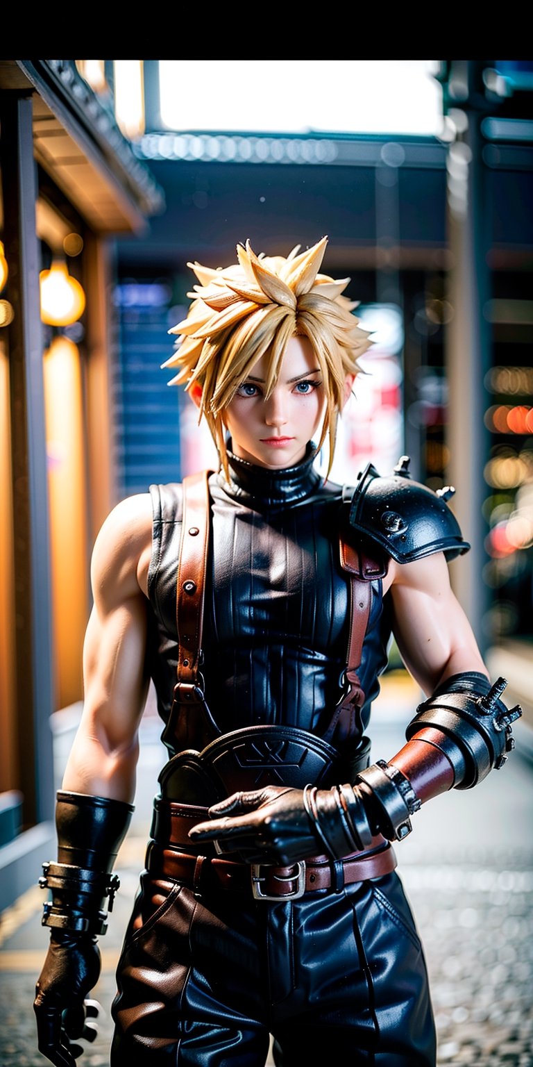 High Quality, Masterpiece, IncrsBrknGls, reflection, , cloud strife, shoulder armor, sleeveless turtleneck, suspenders, belt, gloves, bracer, , solo, 1boy, look at the viewer, midbody, holding buster sword, 1st soldier, daytime street background