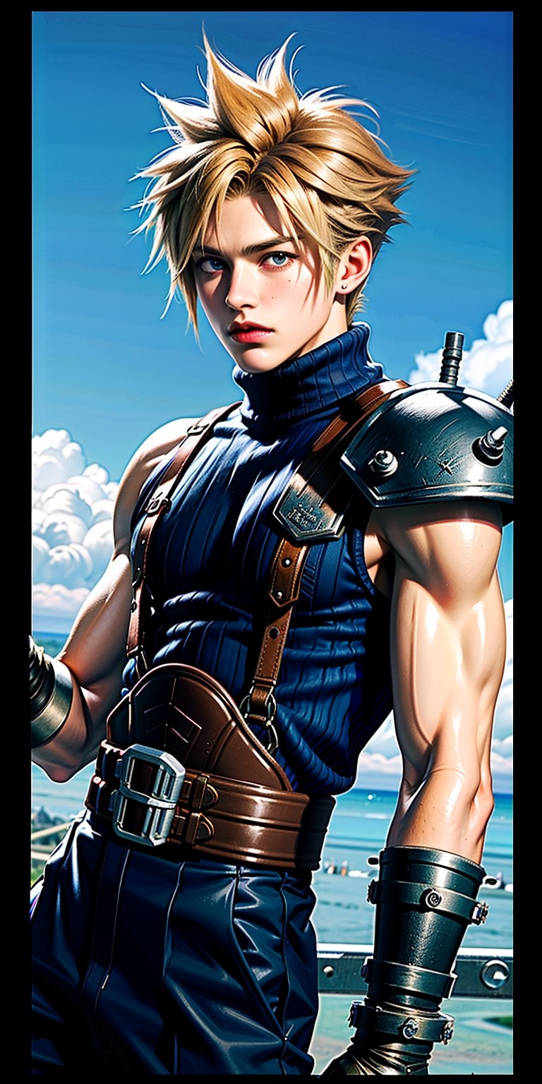 High Quality, Masterpiece, IncrsBrknGls, reflection, , cloud strife, shoulder armor, sleeveless turtleneck, suspenders, belt, gloves, bracer, , solo, 1boy, look at the viewer, midbody, holding buster sword, 1st soldier