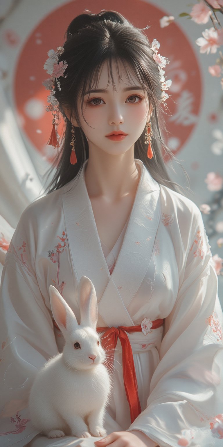 A young woman in a beautiful white kimono sits on a soft, patterned fabric. She is adorned with delicate floral hair ornaments and a red tassel hangs from her waist. Her expression is serene and elegant, her gaze directed towards the viewer. A white rabbit sits beside her, adding a touch of innocence and charm to the scene. The background features a large red circle and a traditional Chinese character, creating a sense of cultural richness and mystique. [Photorealistic portrait, inspired by the works of Annie Leibovitz and Steve McCurry], [Soft, natural light, focus on the woman's face and her elegant pose, blurred background with a sense of depth, textured surfaces, a sense of cultural heritage and beauty], Hanfu, KOLNB, Ahri