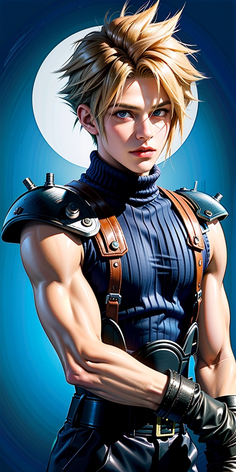 High Quality, Masterpiece, IncrsBrknGls, reflection, , cloud strife, shoulder armor, sleeveless turtleneck, suspenders, belt, gloves, bracer, , solo, 1boy, look at the viewer, midbody, holding buster sword, 1st soldier