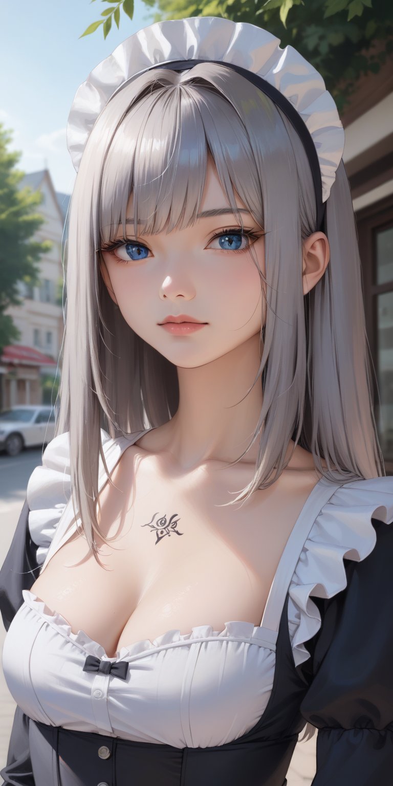 score_9, score_8_up, score_7_up, masterpiece, best quality, high resolution, 1 girl, solo, Korean girl, (loli girl:1.3), 10 yo, looking at viewer, upper body, reality, (long hair, grey hair, bangs:1.3), small breasts, EthelXC3, blue eyes, maid hat, maid outfit, cleavage, chest tattoo, outdoor cafe background,