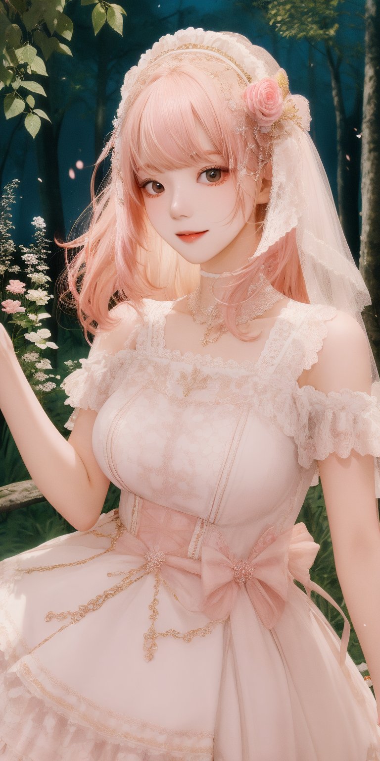 (Masterpiece, Best Quality, Photorealistic, High Resolution, 8K Raw), Smiling, Looking At Viewer, Upper Body, Light, 1 Girl, Solo, Beautiful Young Girl, 18 Years Old, (Long Hair, Pink Hair, Bangs:1.3), Big Breasts, lolita dress, digital painting, fantasy, hidden forest, centered big tree, (glowing crystals), flowers, petal, (night time), Yewon, white dress