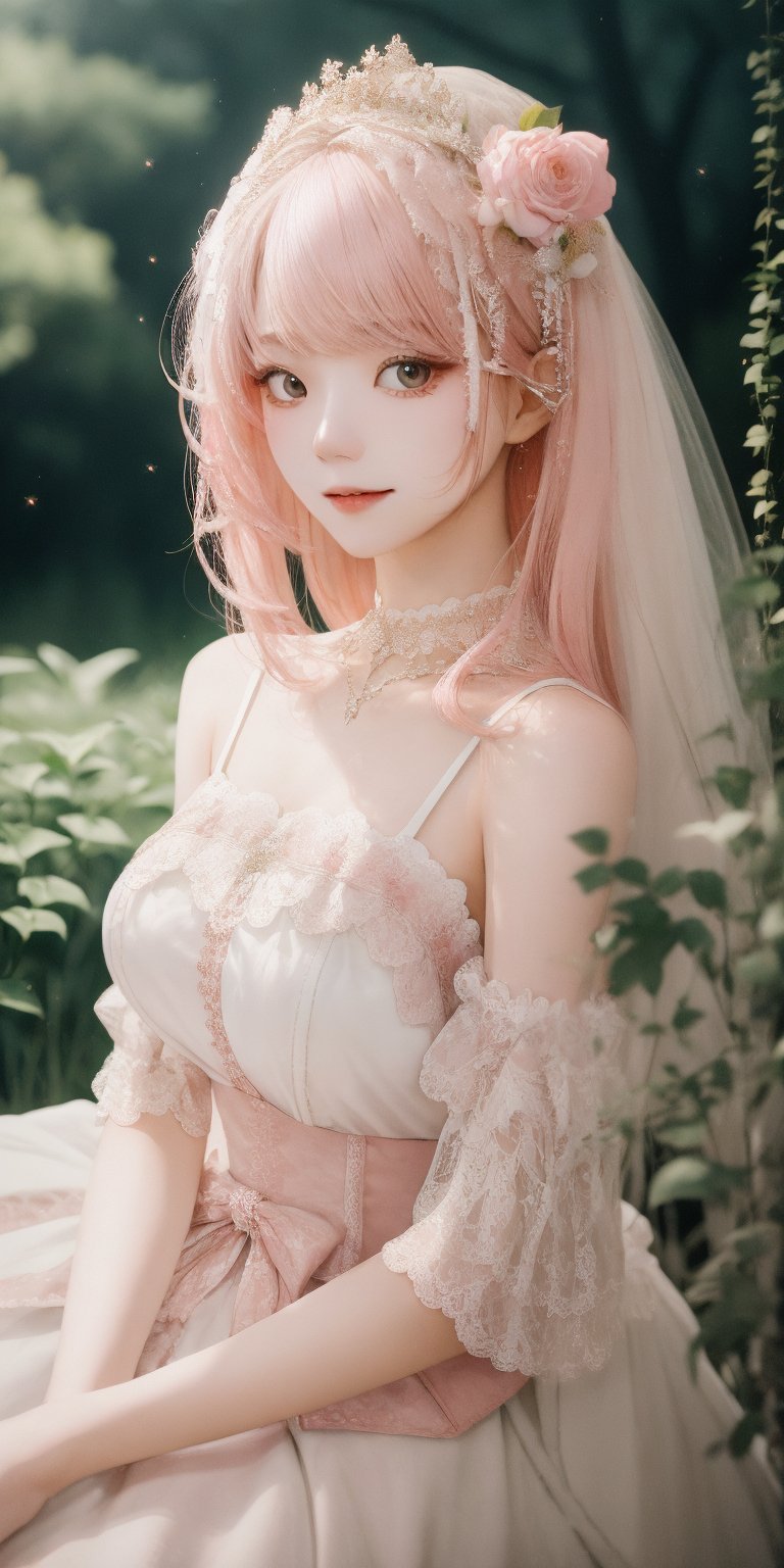 (Masterpiece, Best Quality, Photorealistic, High Resolution, 8K Raw), Smiling, Looking At Viewer, Upper Body, Light, 1 Girl, Solo, Beautiful Young Girl, 18 Years Old, (Long Hair, Pink Hair, Bangs:1.3), Big Breasts, lolita dress, digital painting, fantasy, hidden forest, centered big tree, (glowing crystals), flowers, petal, (night time), Yewon, white dress