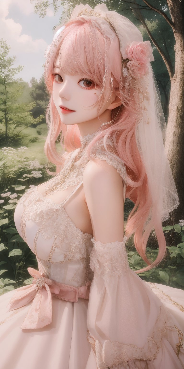 (Masterpiece, Best Quality, Photorealistic, High Resolution, 8K Raw), Smiling, Looking At Viewer, Upper Body, Light, 1 Girl, Solo, Beautiful Young Girl, 18 Years Old, (Long Hair, Pink Hair, Bangs:1.3), Big Breasts, lolita dress, digital painting, fantasy, hidden forest, centered big tree, (glowing crystals), flowers, petal, (night time), Yewon, white dress