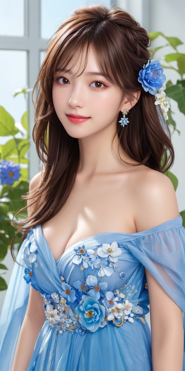 (Masterpiece, Best Quality, Photorealistic, High Resolution, 8K Raw), Smiling, Looking At Viewer, Upper Body, Light, 1 Girl, Solo, Beautiful Young Girl, 18 Years Old, (Long Hair, brown Hair, Bangs:1.3), Big Breasts, hair ornament, bare shoulders, jewelry, collarbone, earrings, hair flower, hair bun, flower garden, blue flower dress, indoor studio