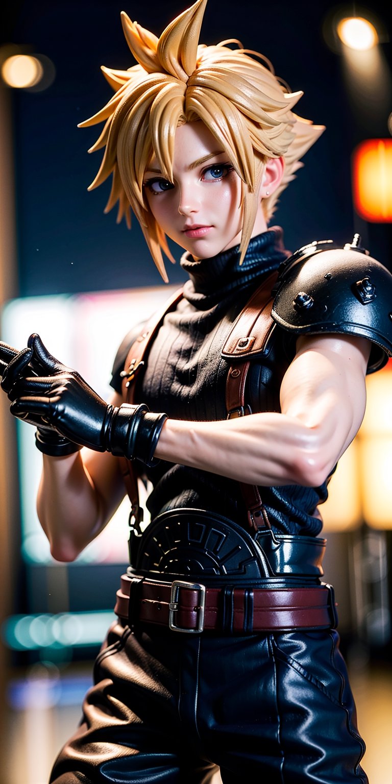 High Quality, Masterpiece, IncrsBrknGls, reflection, , cloud strife, shoulder armor, sleeveless turtleneck, suspenders, belt, gloves, bracer, , solo, 1boy, look at the viewer, midbody, holding buster sword, 1st soldier, daytime street background