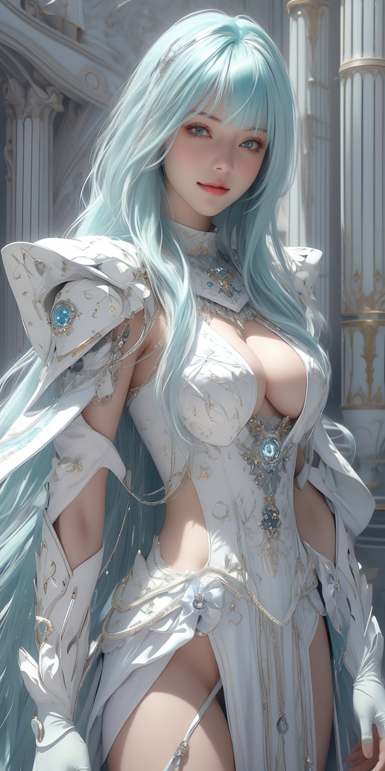 (Masterpiece, Best Quality, Photorealistic, High Resolution, 8K Raw), Smiling, Looking At Viewer, Upper Body, Light, 1 Girl, Solo, Beautiful Young Girl, 18 Years Old, (Long Hair, Aqua Hair, Bangs:1.3), Big Breasts, white finely sapphire blue patterned armor, white finely sapphire blue patterned shoulder armor, white finely sapphire blue patterned armguards, white finely gloves, belt, blue cloak, midnight blue hem, 