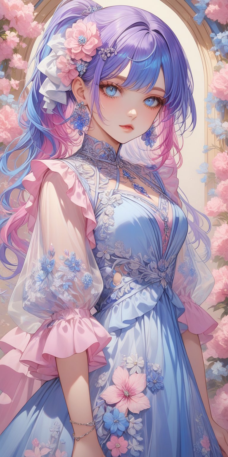 1girl, solo, looking at viewer, long hair, multicolored hair, purple hair, blue hair, blue eyes, ponytail, hair ornament, earrings, jewelry, multicolored clothes, see-through dress, blue dress, pink dress, see-through sleeves, flower, standing, 