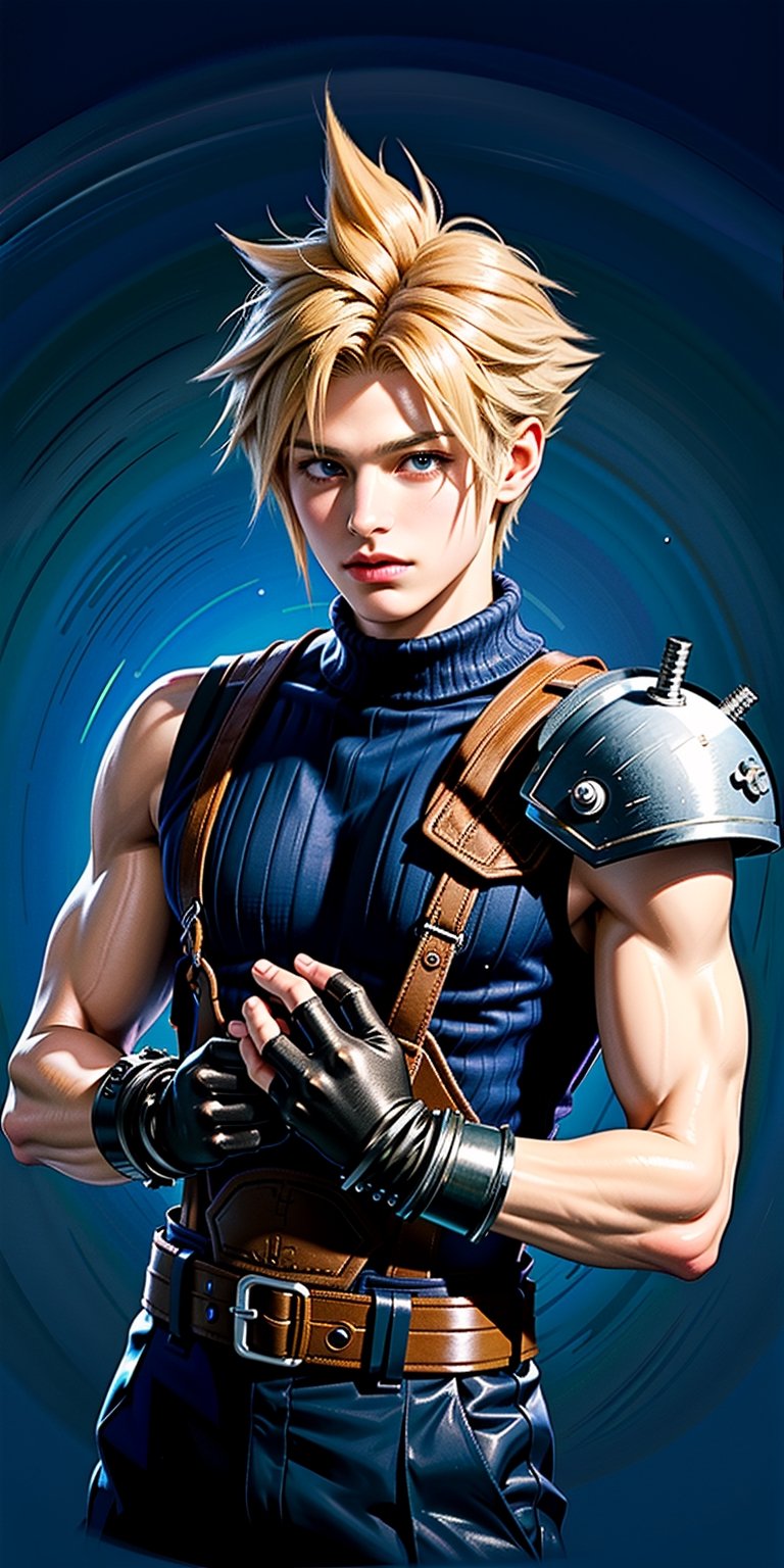 High Quality, Masterpiece, IncrsBrknGls, reflection, , cloud strife, shoulder armor, sleeveless turtleneck, suspenders, belt, gloves, bracer, , solo, 1boy, look at the viewer, midbody, holding buster sword, 1st soldier