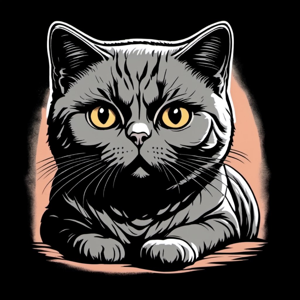 a British Shorthair , black background , Vintage T-shirt, Retro Color Palette, Distressed Texture, Sketch Style, Horizon Perspective ,T shirt design,TshirtDesignAF,cartoon logo,sticker,fluttershysaidsyayyy,Leonardo Style,AiArtV,Coloring Book