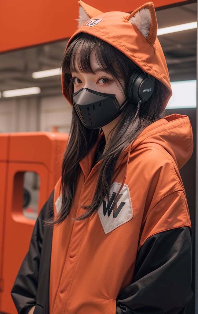 1girl, solo, long hair, looking at viewer, bangs, shirt, black hair, red eyes, long sleeves, animal ears, jacket, upper body, open clothes, hood, open jacket, black jacket, mask, headphones, wolf ears, red shirt, clothes writing, hooded jacket, red background, hood up, zipper, mouth mask, drawstring, covered mouth, headphones around neck, red theme, ears through headwear, respirator
,cool