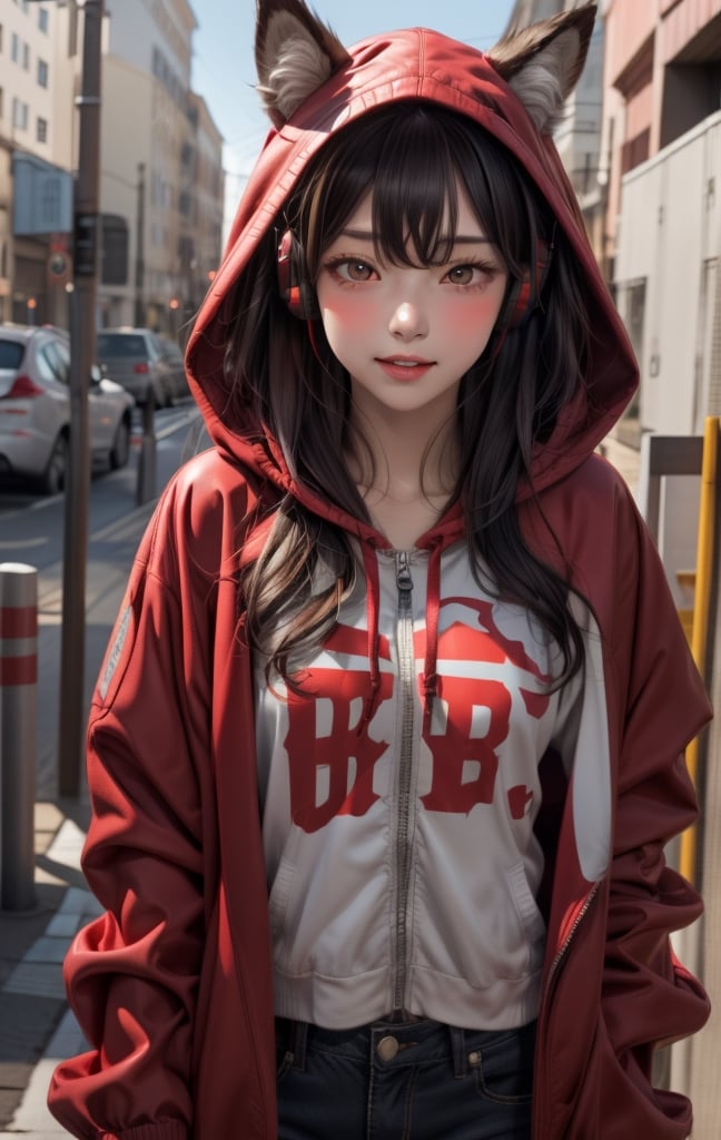 1girl, solo, long hair, looking at viewer, bangs, shirt, black hair, red eyes, long sleeves, animal ears, jacket, upper body, open clothes, hood, open jacket, black jacket, mask, headphones, wolf ears, red shirt, clothes writing, hooded jacket, red background, hood up, zipper, mouth mask, drawstring, covered mouth, headphones around neck, red theme, ears through headwear, respirator
,cool