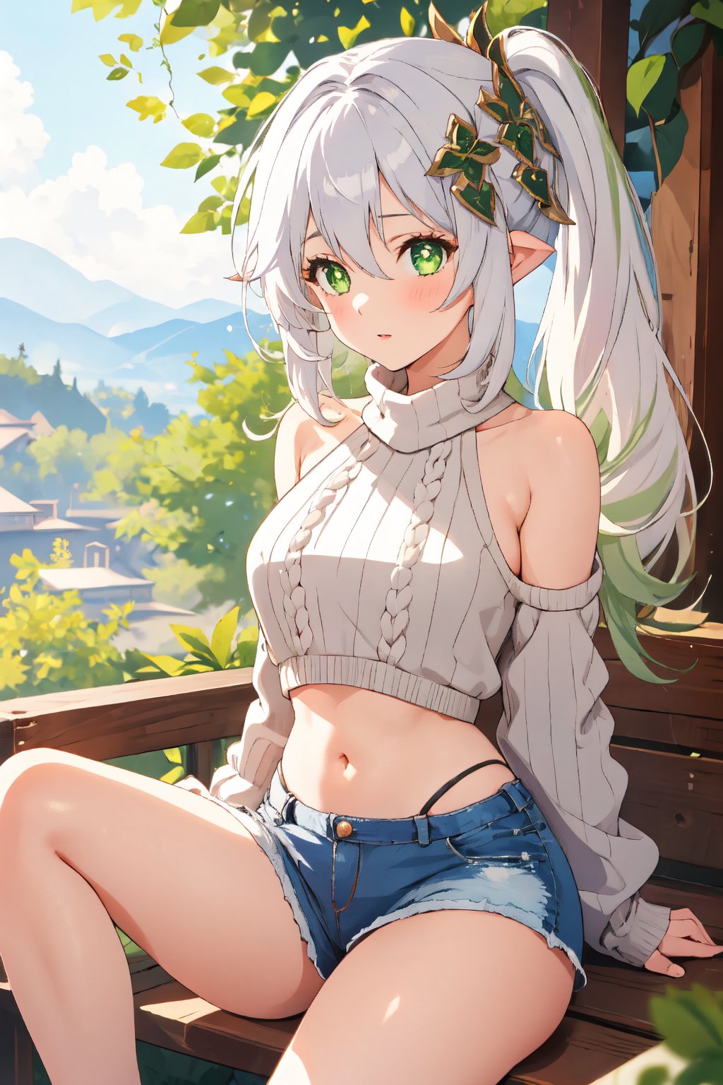 1girl, mature women,  masterpiece, best quality, highly detailed, virgin destroyer sweater, green eyes, white hair, nahida , shorts, genshin impact, lora:nahida