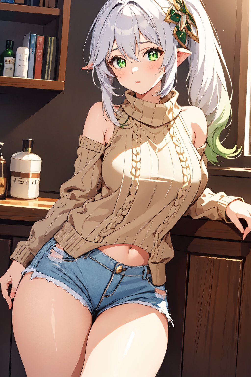 1girl, mature women,  masterpiece, best quality, highly detailed, virgin destroyer sweater, green eyes, white hair, nahida , shorts, genshin impact, 26 years old,