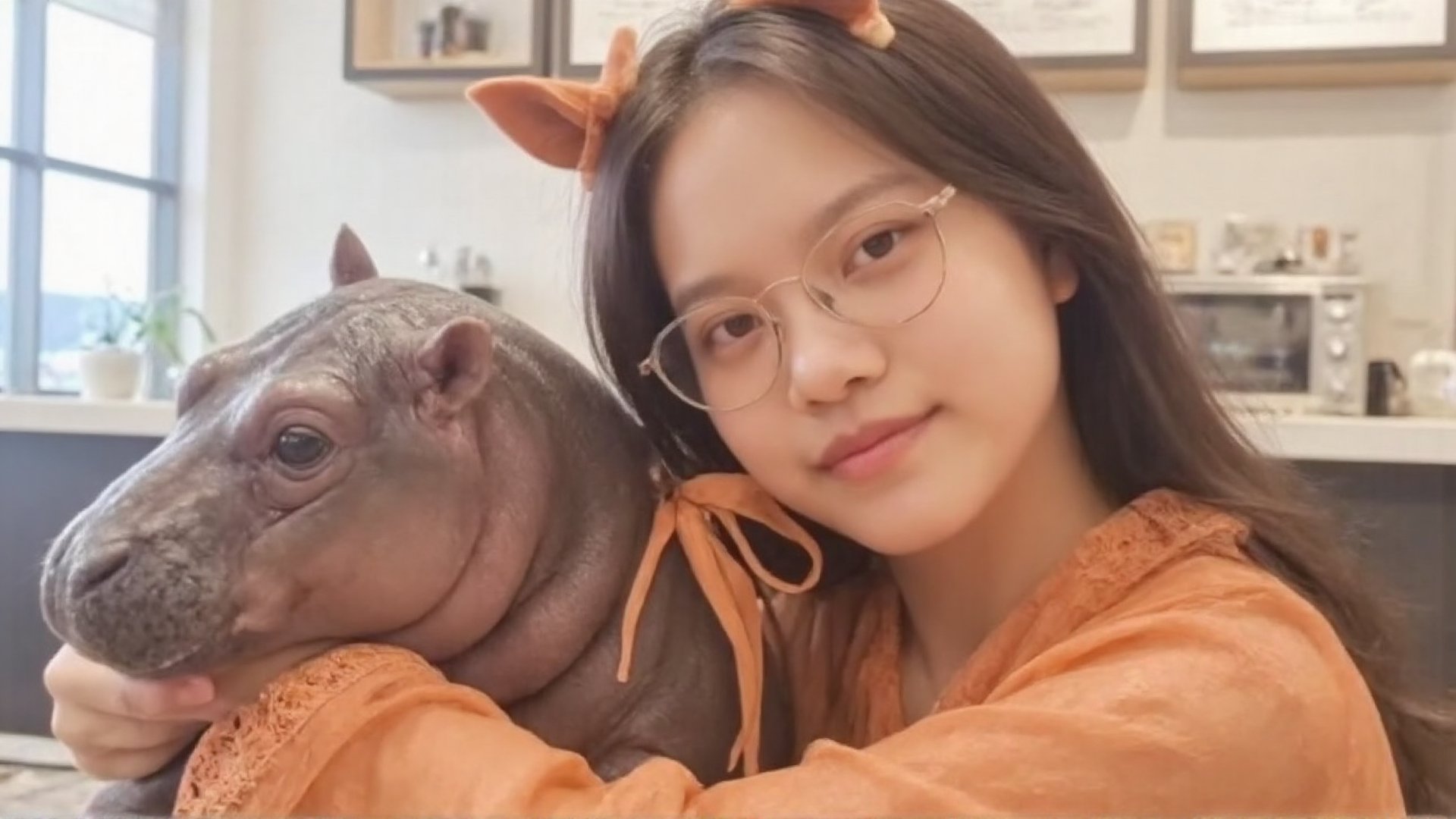 Chinese woman, 18 years old, wearing glasses, wearing an orange cat ear headband,
wearing a orange see-through chiffon robe, with lace details and sabin ribbon ties,
Posing to hug a baby hippo, in a coffee shop, white tone, minimalist.,moodeng hippo, key light, rim light,soft focus