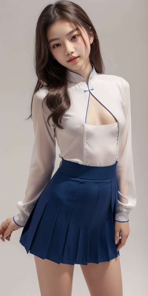 1girl, half body portrait, (age 13-16:1.4), gorgeous, (dynamic pose:0.8),studio lighting, white background, ((vietnamese teen top model)), bang, curly long hair, buns, heterochromia, white shirt, dark blue pleated  skirt, ((ao dai)),downblouse