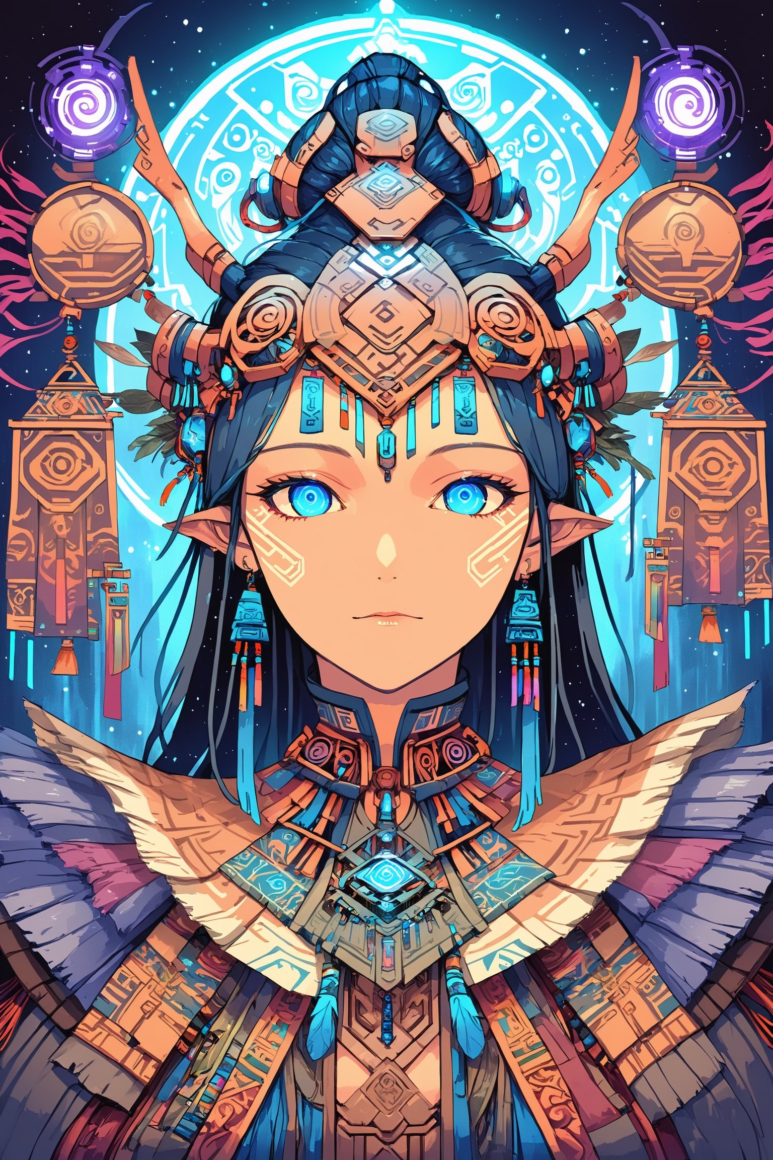 Churnstyle,cyberpunk,tarot card,4K UHD,studio ghibli style,neo-aztec,high-tech lowlife, ,nocturne,breakdomain,portraitart,portrait art style