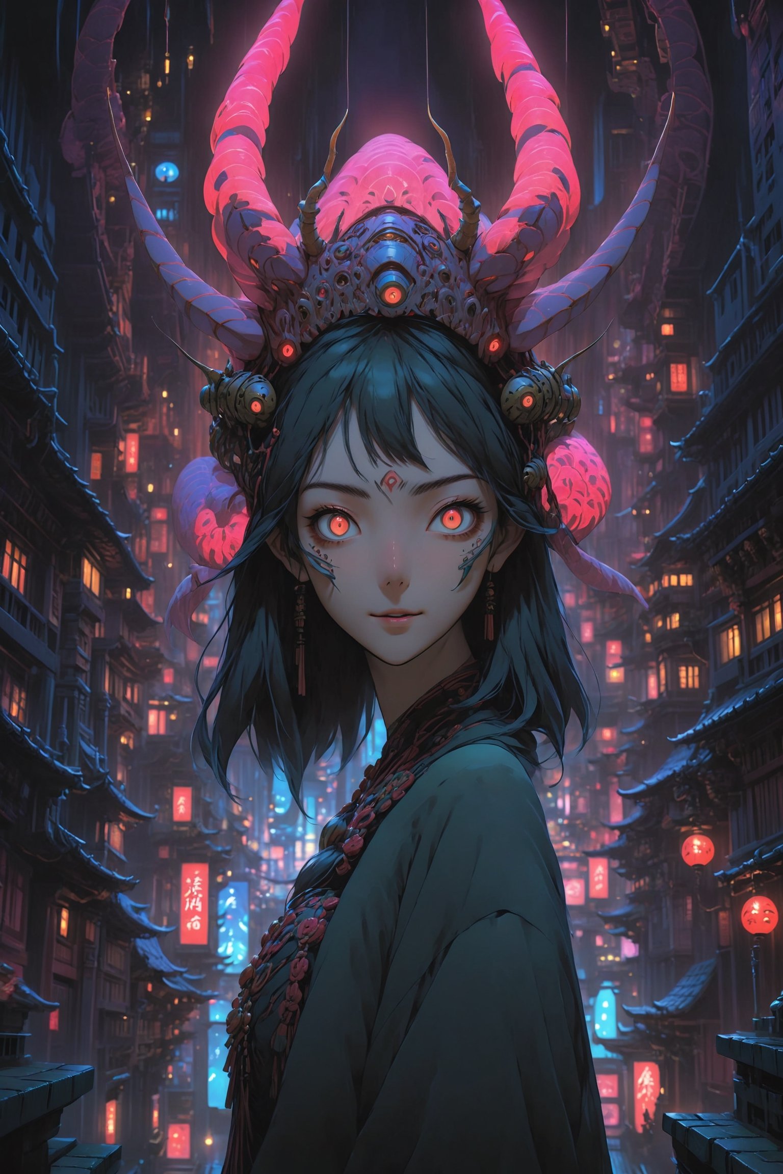 Pretending you're pretending,cyberpunk,4K UHD,studio ghibli style,oni,nocturne, symmetrical composition,facing viewer