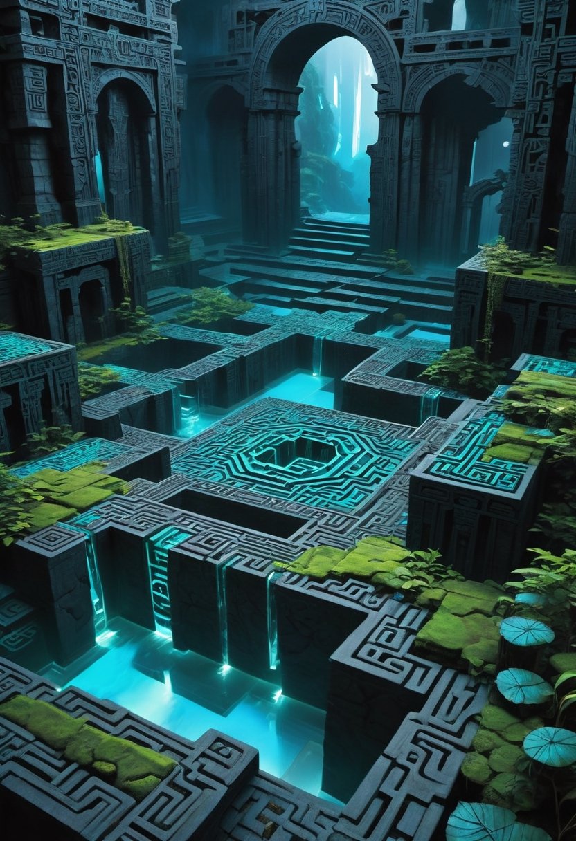 shadowrun_surface,niji style,arcane ruins,cyan hedge maze, ancient temple, smooth reflective black stone surfaces 