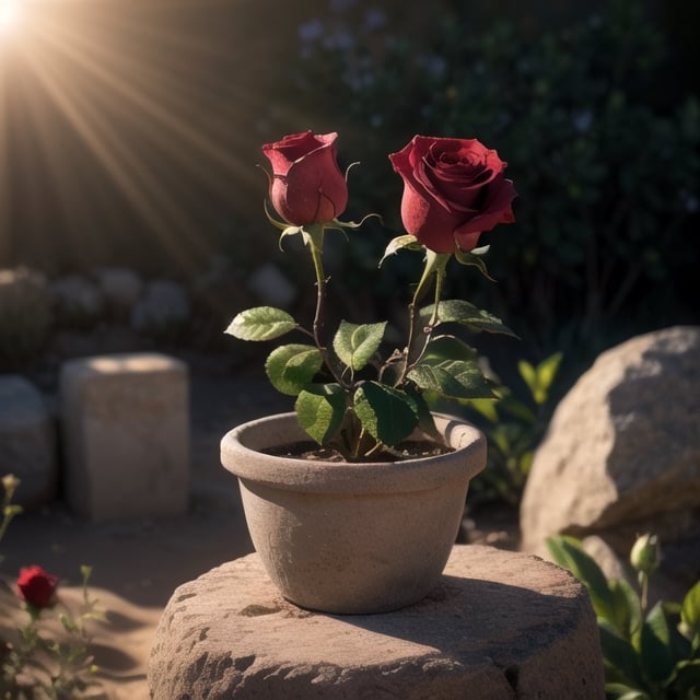 (masterpiece), best quality, a red rose in the desert, on a flower pot,Lens Flares