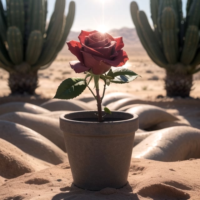 (masterpiece), best quality, a red rose in the desert, on a flower pot,Lens Flares