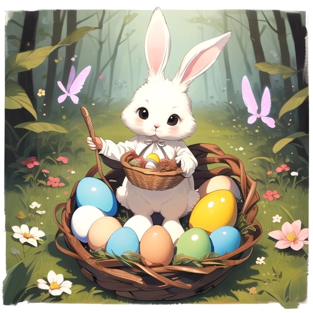 masterpiece, best quality, cute bunny painted on an egg, holding a basket with eggs, Firefly, fantasy forest 