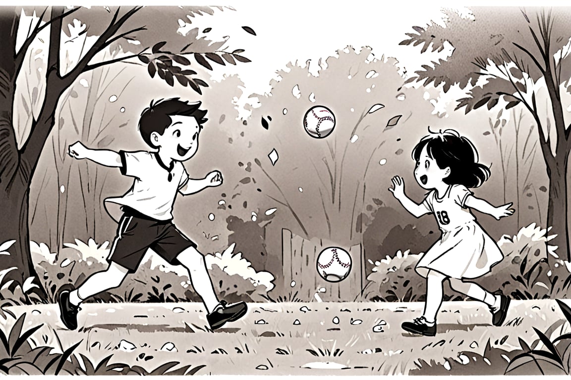 black_and_white, coloring book, 1_boy, 1_girl, kids playing catch up and tag, full body, movicomics,KidsRedmAF,children's picture books