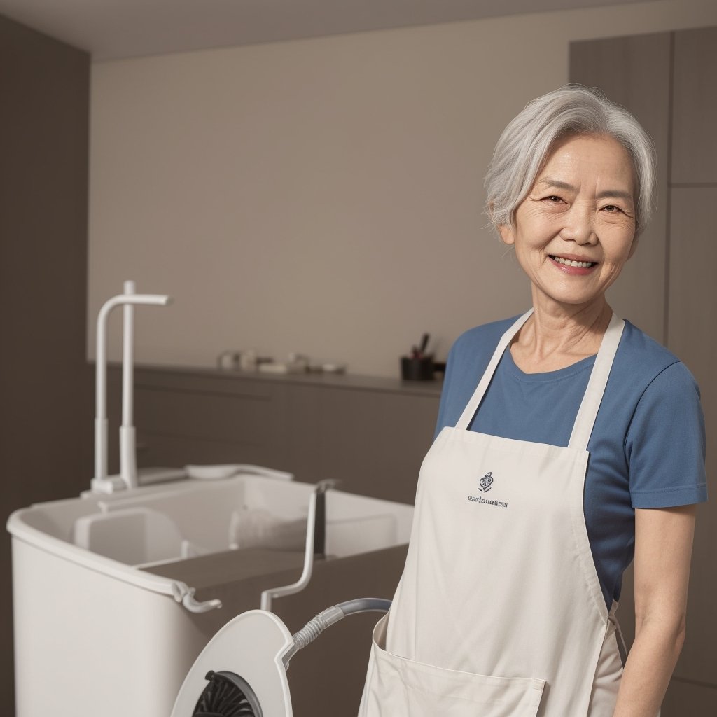 Generate an image of a woman's face, an elderly face, looking at the viewer, with a simple background. The person has black hair and is shown from the upper body. She is smiling and wearing an apron. The image should depict a realistic cleaning worker holding a mop. Include details such as a sweeping machine and other cleaning tools and supplies. The person is an elderly Asian woman. Ensure the image has fine details and is in a realistic style.
