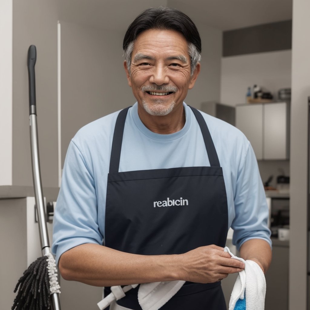 Man's face, old man's face, looking at viewer, simple background, black hair, upper body, smile, apron, reality, cleaner, holding mop, old man, sweeper, cleaning tools, detail, cleaning supplies,Asian