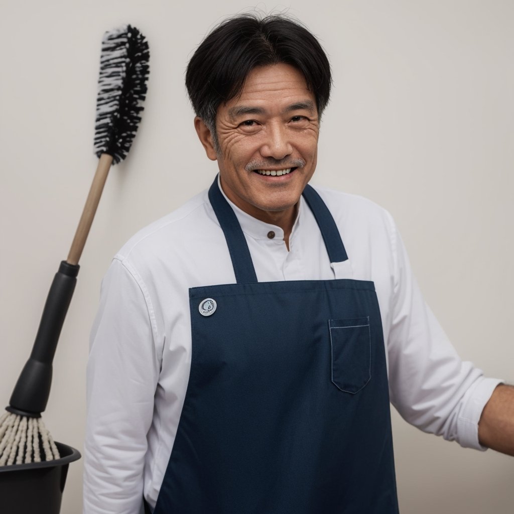 Man's face, old man's face, looking at viewer, simple background, black hair, upper body, smile, apron, reality, cleaner, holding mop, old man, sweeper, cleaning tools, detail, cleaning supplies,Asian