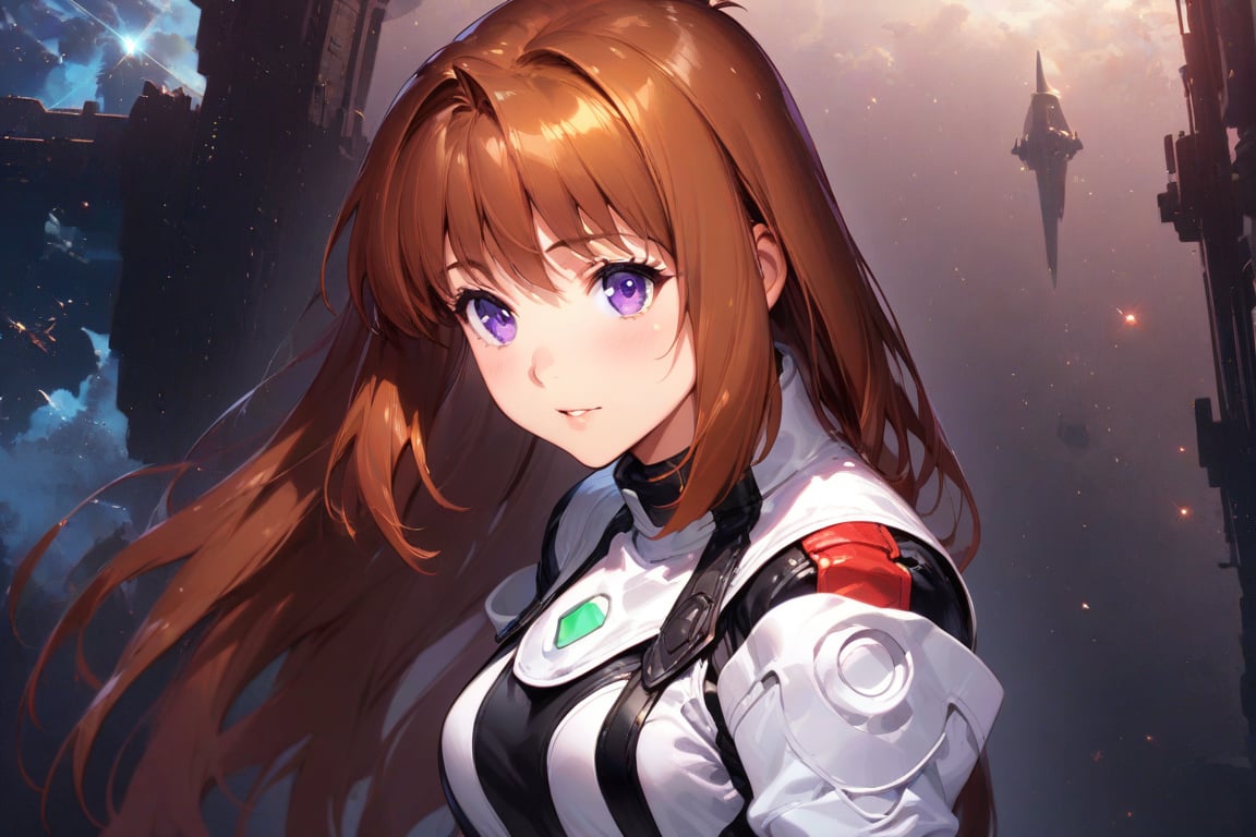 (masterpiece),(best quality),(ultra-detailed),(best illustration),(best shadow),(absurdres),(detailed background),(very aesthetic),  indoors, spaceship, sci-fi background, elhaym_van_houten, 1girl, solo, long hair, brown hair, purple eyes, originaloutfit, uniform, 