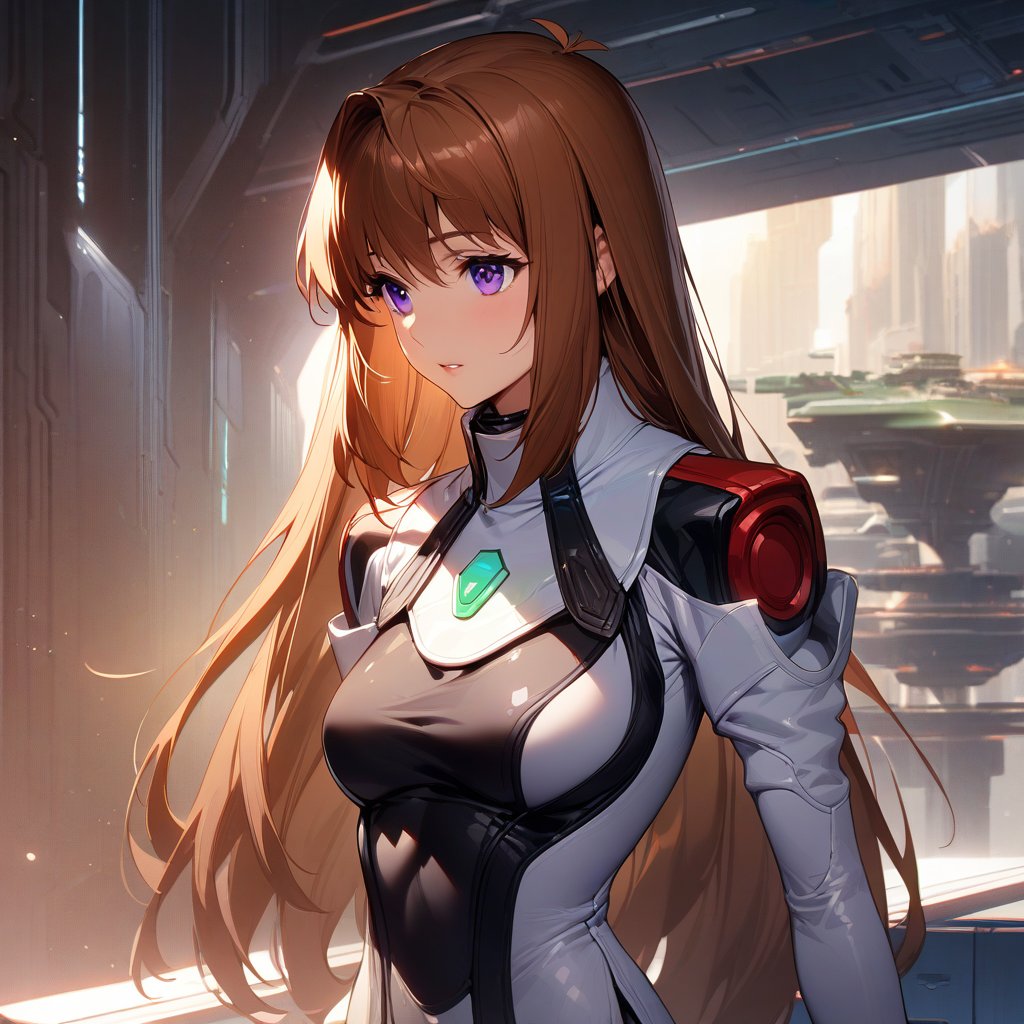 (masterpiece),(best quality),(ultra-detailed),(best illustration),(best shadow),(absurdres),(detailed background),(very aesthetic),  indoors, spaceship, sci-fi background, elhaym_van_houten, 1girl, solo, long hair, brown hair, purple eyes, originaloutfit, uniform, 