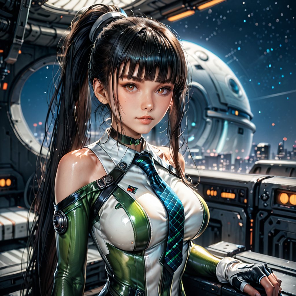 score_9, score_8_up, score_7_up, score_6_up, source_anime, 1girl, solo,  altEve, black hair, long ponytail, brown bodysuit, shiny clothes, looking at you, big breasts, upper body, night sky, outer space,sbeve, black hair, brown eyes, ponytail, long hair, blunt bangs, bodysuit, green bodysuit, white bodysuit, two-tone bodysuit, necktie, chocker, bare shoulders, skin tight, fingerless gloves, white gloves, skinny, narrow waist, light particles, cinematic lighting, depth of field, 4k, beautiful face, 